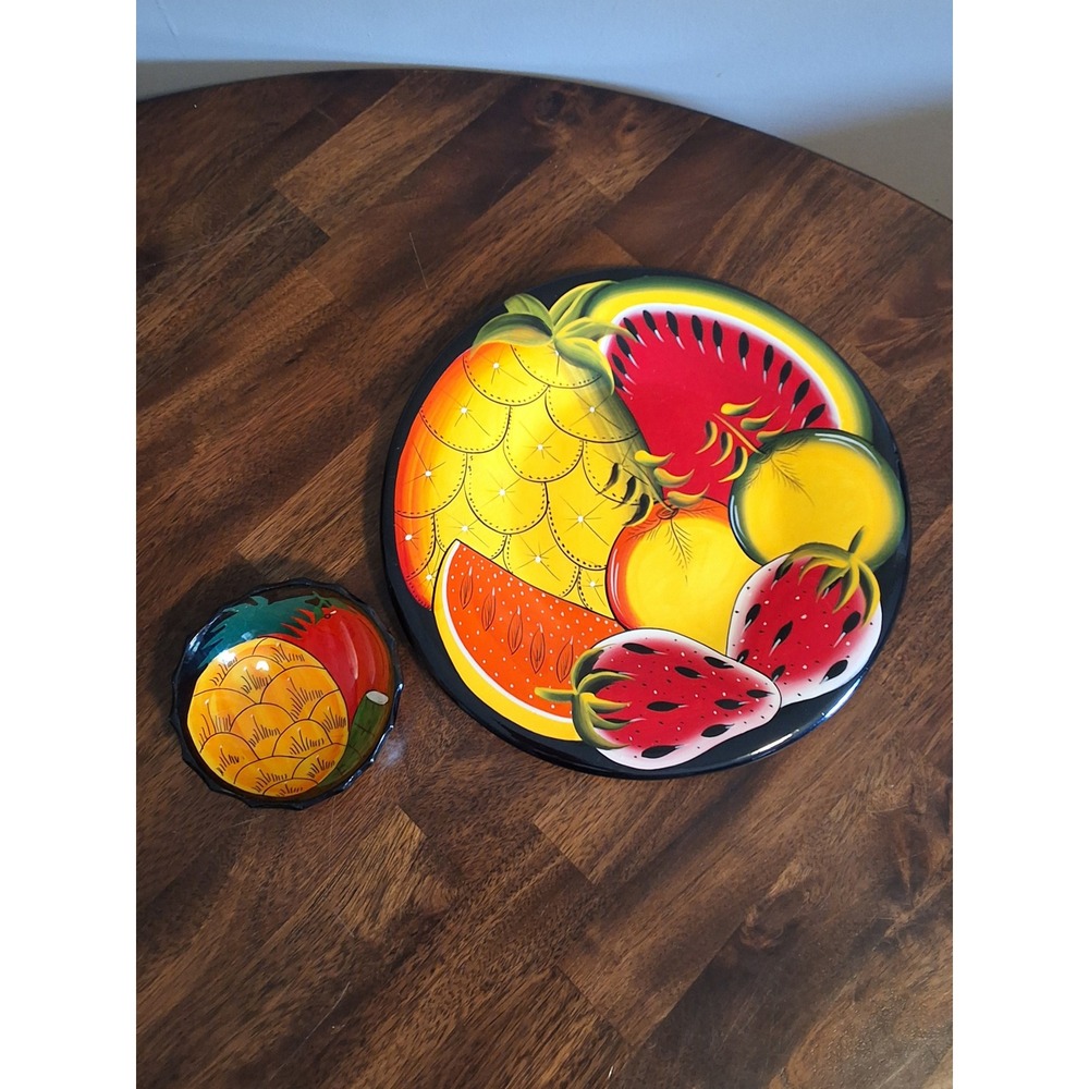 Hand Painted Terracotta Fruit Wall Plate and Scalloped Bowl Set Tropical Decor